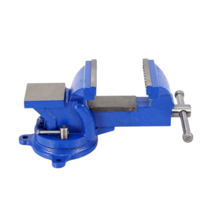 A blue cast iron bench vise with silver metal jaws and a handwheel, shown from a side profile on a white background.
