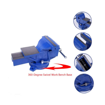 Blue industrial bench vise with a swivel base, shown on a white background with four circular detail insets and red text reading '360-Degree Swivel Work Bench Base'.