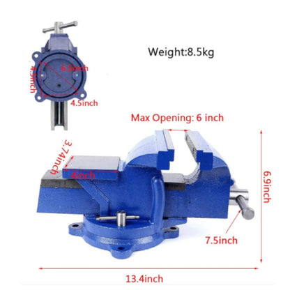 Blue bench vise with overlaid dimension labels and weight text on a white background, including measurements such as 13.4 inch width, 6.