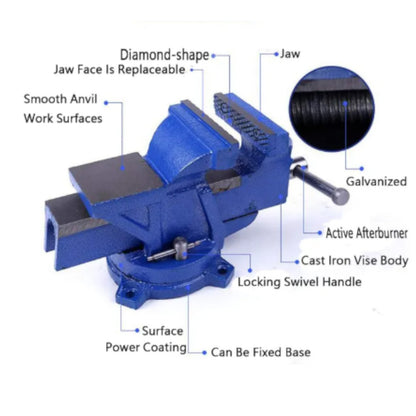 A blue bench vise with multiple callout labels pointing to features such as the jaw, diamond-shaped jaw face, smooth anvil work surfaces, galvanized steel, and locking swivel handle, on a white background.