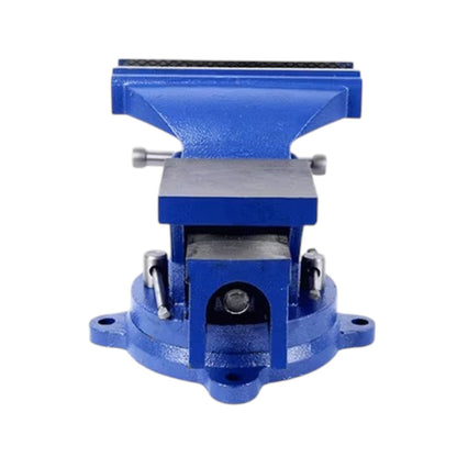 A blue cast iron bench vise with a black anodized jaw surface and silver adjustment screws, isolated on a white background.