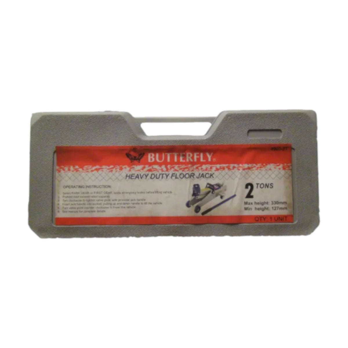 A gray plastic heavy-duty floor jack in its original retail packaging, featuring a red and white label with the brand name 'BUTTERFLY' and product specifications.