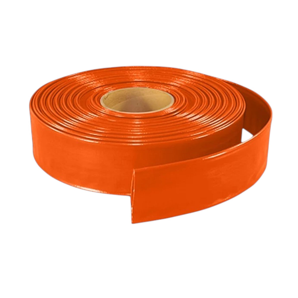 A roll of bright orange fire suppression hose with a cardboard core, shown on a plain white background.