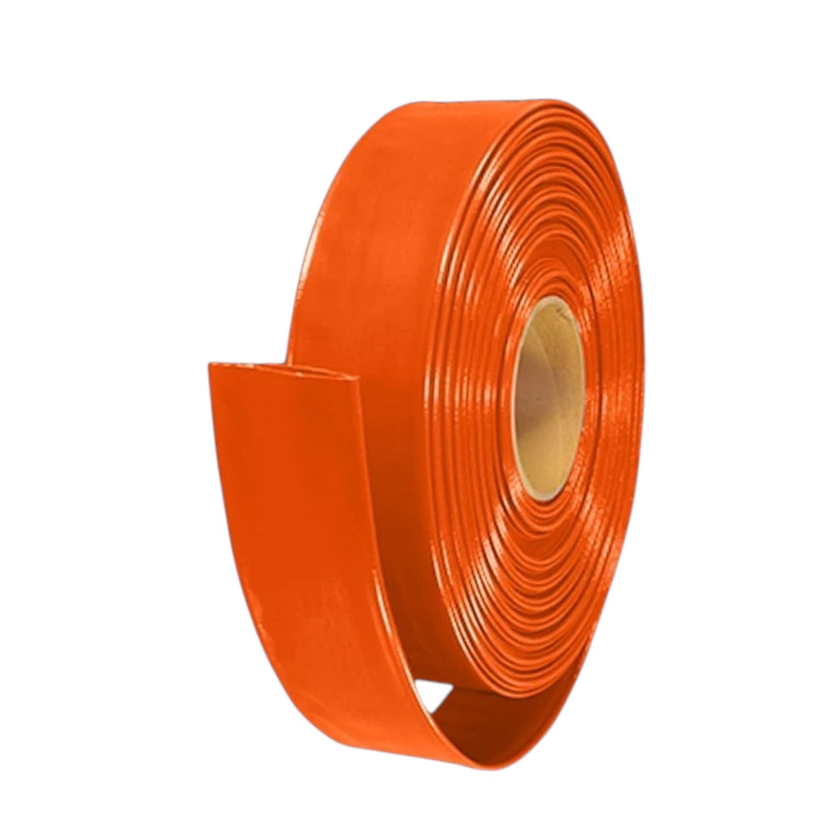 A roll of bright orange fire suppression hose with a tan cardboard core, shown on a plain white background.