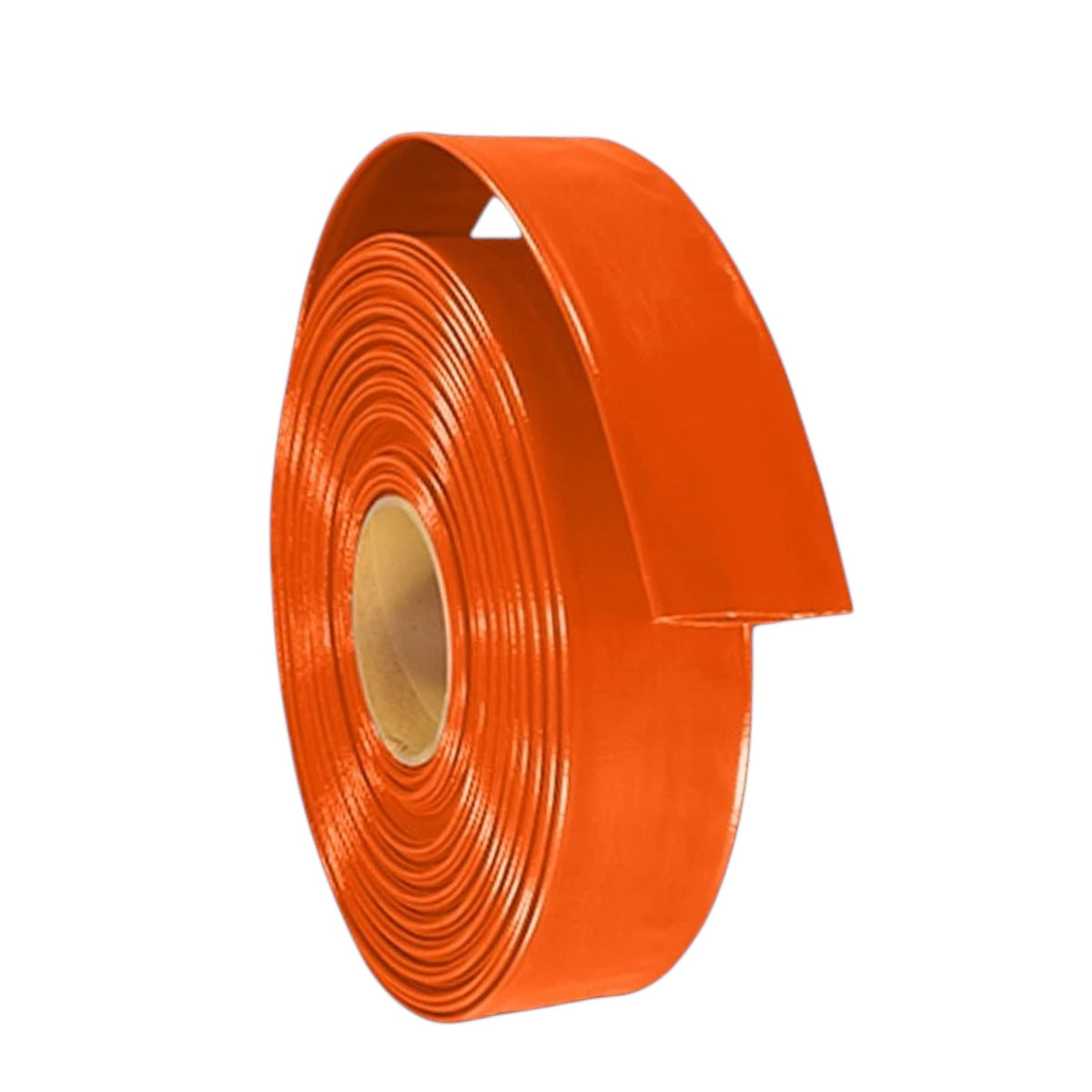A roll of bright orange self-adhesive tape, partially unrolled to show its flat width and glossy finish, set against a plain white background.
