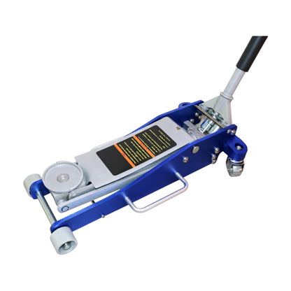 A blue and silver hydraulic floor jack with a black handle grip, shown on a plain white background.