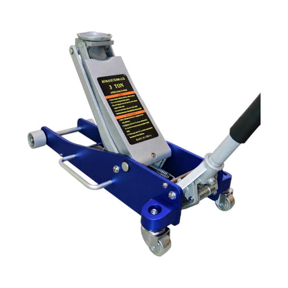 A 1-ton hydraulic floor jack with a blue anodized metal base, silver metal components, a black and white handle grip, and a black warning label on the ram, shown on a plain white background.