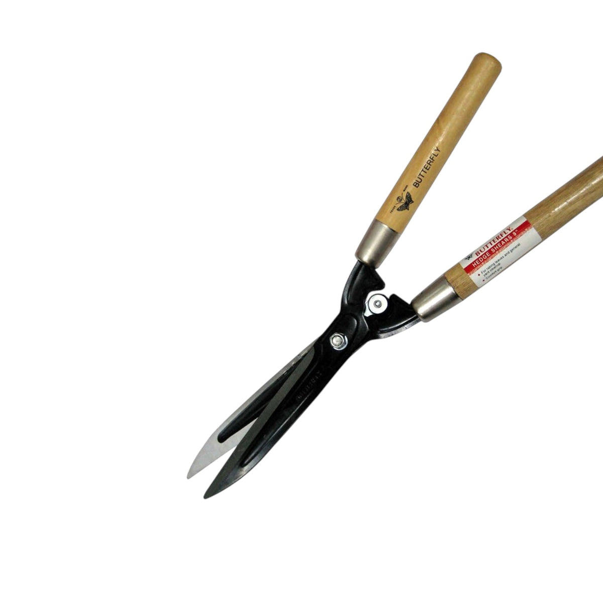 A pair of garden shears with black metal blades and light tan wooden handles, shown diagonally on a plain white background. The brand name 'BIRCHMAN' is printed on one of the handles.