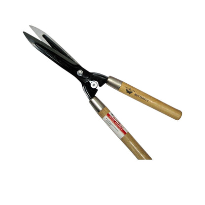 A pair of butterfly shears with black metal blades and light brown wooden handles, shown on a plain white background.