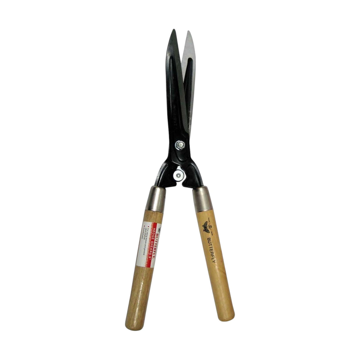 A pair of butterfly shears with black metal blades and light wood handles, shown against a plain white background.