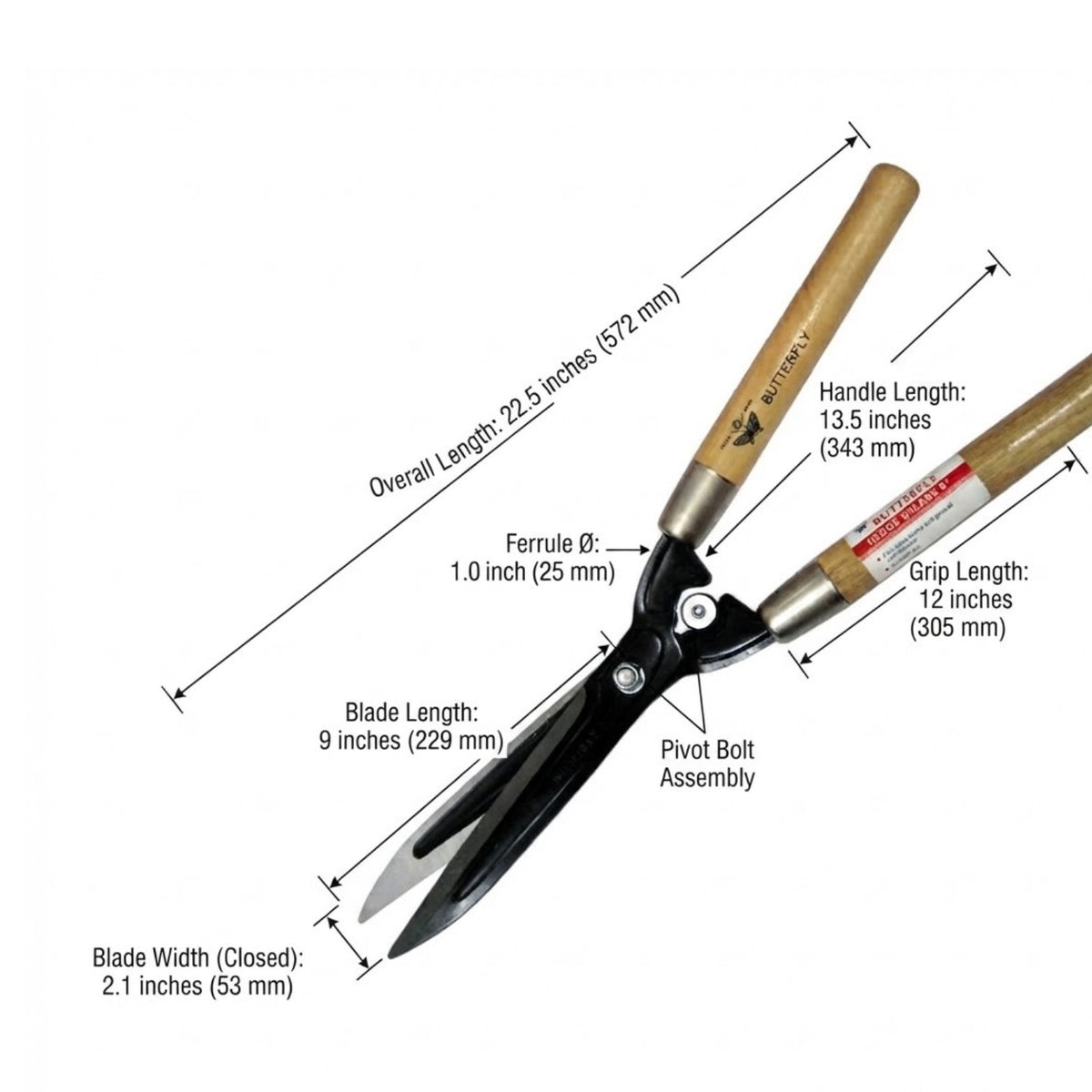 A pair of garden shears with labeled dimensions and measurement lines on a plain white background, including overall length, handle length, grip length, blade length, blade width, ferrule diameter, and pivot bolt assembly measurements.