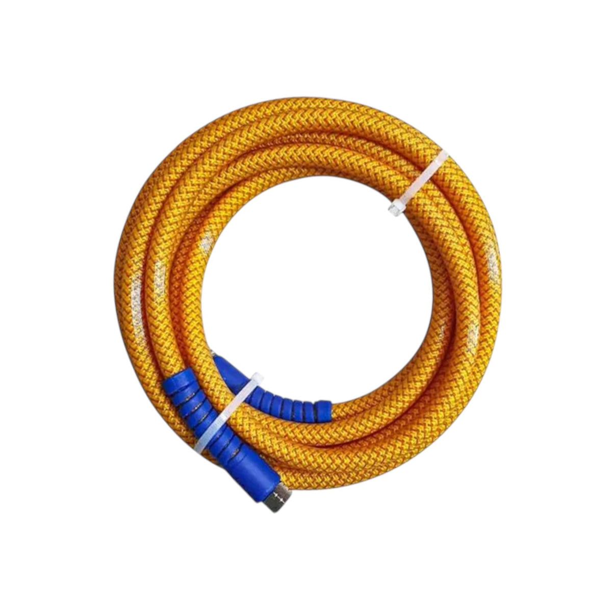 A coiled yellow garden hose with blue connectors and white zip ties, shown on a plain white background.