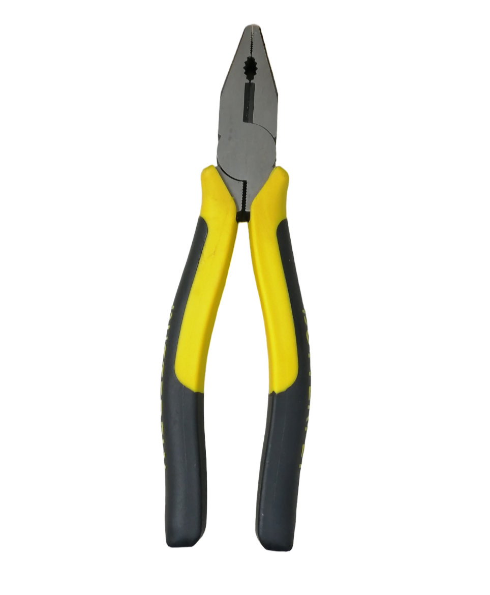 Butterfly Combination Plier 203mm 8 Inches with yellow and black ergonomic handles on black background