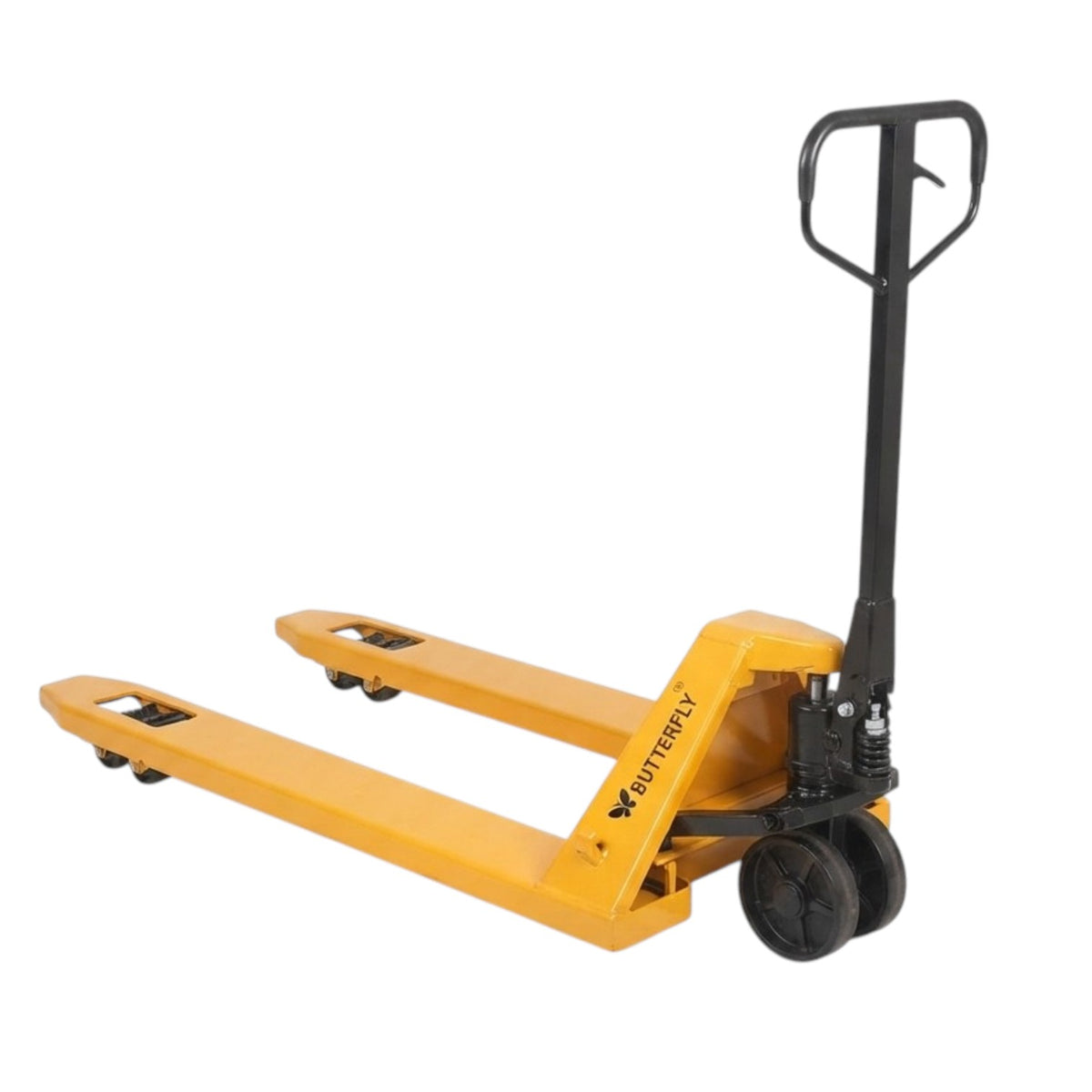 A yellow and black pallet jack with the brand name 'BUTTERFLY' printed on the side, shown against a plain white background.