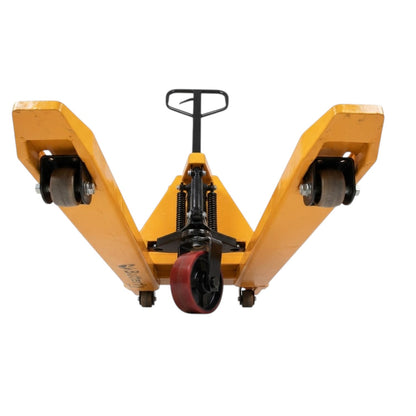 A yellow and black manual pallet jack with dual wheels, shown from a front-facing perspective on a solid white background.