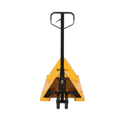 A yellow and black manual pallet jack shown from the front against a plain white background.