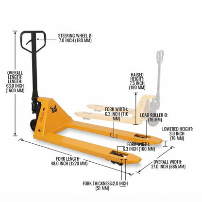 Yellow and black pallet truck with overlaid dimension labels and measurements for length, width, height, fork length, fork thickness, steering wheel diameter, and raised height on a white background.