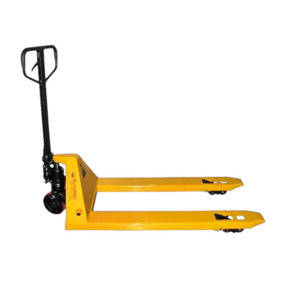 A yellow and black manual pallet jack with a metal fork and handle, shown on a plain white background.