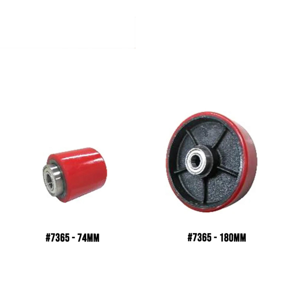 Two red and black industrial roller wheels shown on a white background, labeled #7365 - 74MM and #7365 - 180MM.