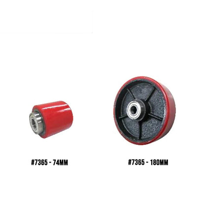 Two red and black industrial roller wheels shown on a white background, labeled #7365 - 74MM and #7365 - 180MM.