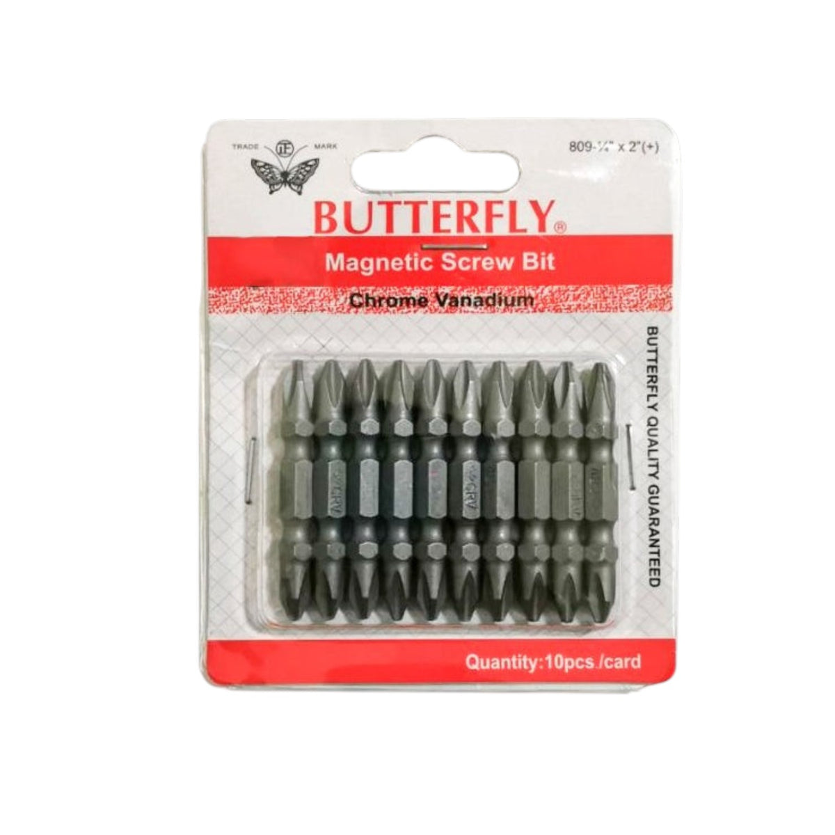 A 10-piece set of Butterfly Magnetic Screw Bits in chrome vanadium, packaged in a clear blister pack with a red and white cardboard header.