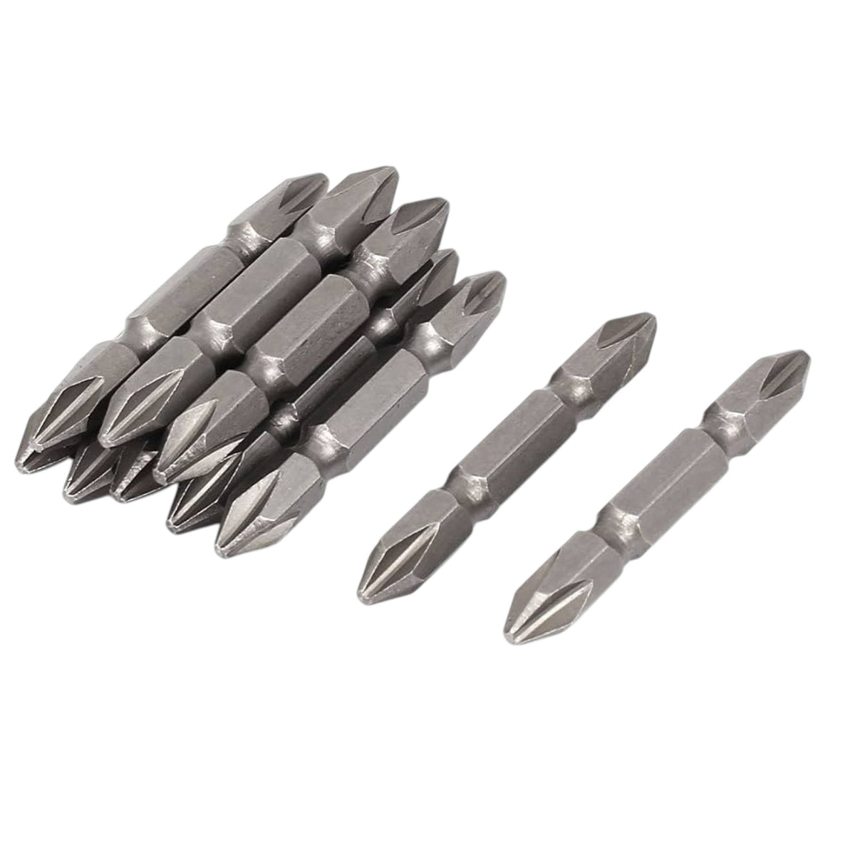 A set of metallic screwdriver bits arranged on a plain white background, including a cluster of six and two individual bits.
