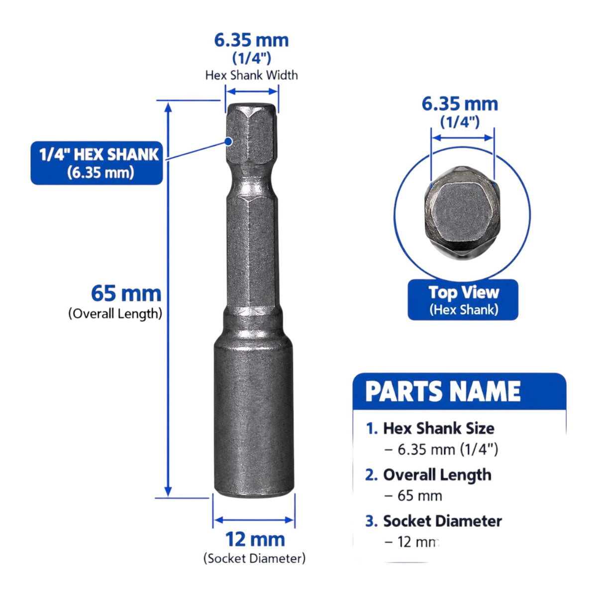 Technical product diagram of a 1/4 inch hex shank socket bit with dimensions labeled, including overall length of 65 mm, hex shank width of 6.35 mm, and socket diameter of 12 mm.
