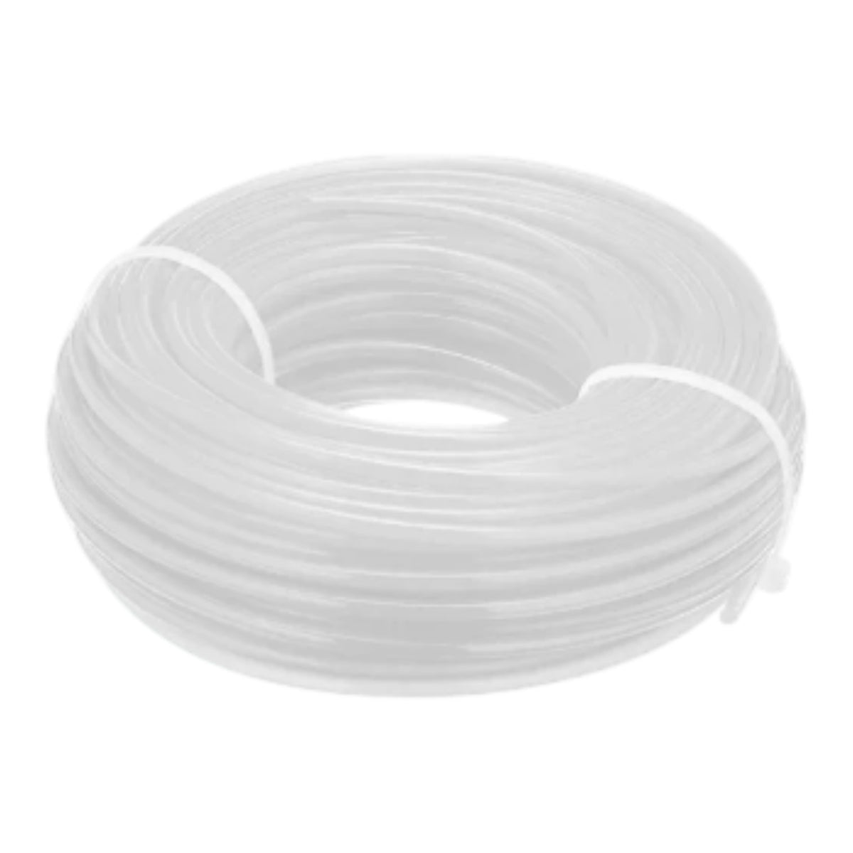A coiled roll of clear plastic tubing secured with a white band, shown against a plain white background.