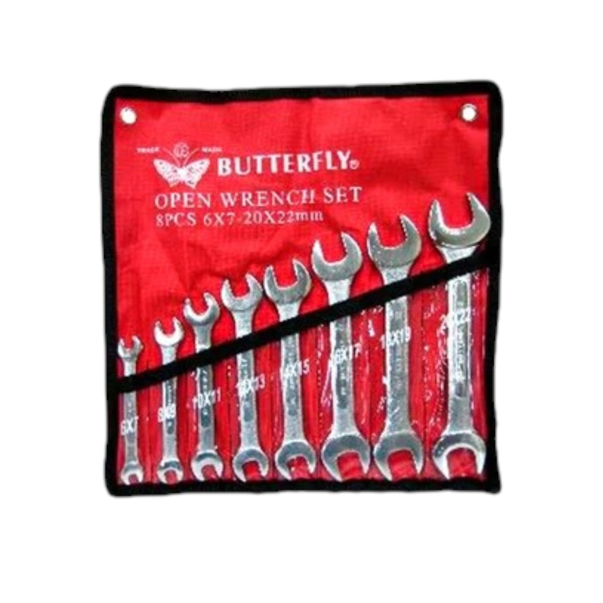 A Butterfly open wrench set containing 8 silver wrenches in a red fabric roll-up pouch with a black border, shown against a plain white background.