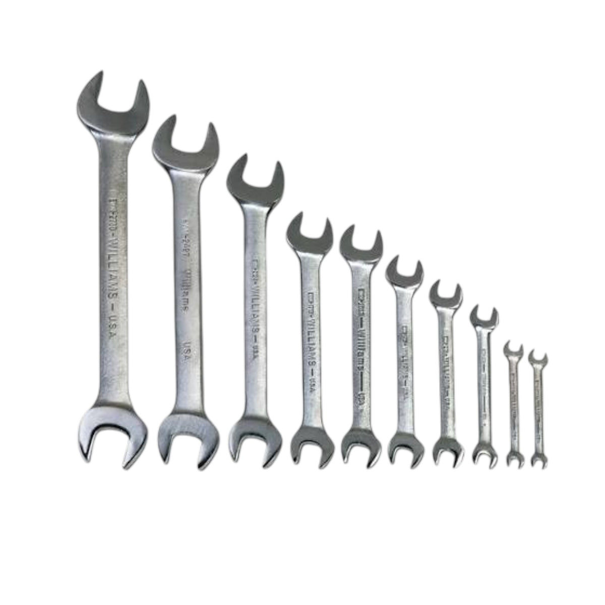 A set of twelve double-ended wrenches in graduated sizes, arranged in a diagonal row from largest to smallest on a plain white background.