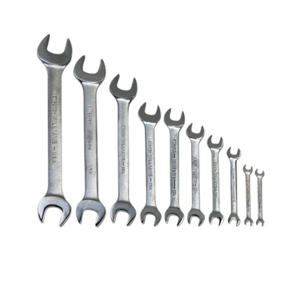 A set of twelve double-ended wrenches in graduated sizes, arranged in a diagonal row from largest to smallest on a plain white background.