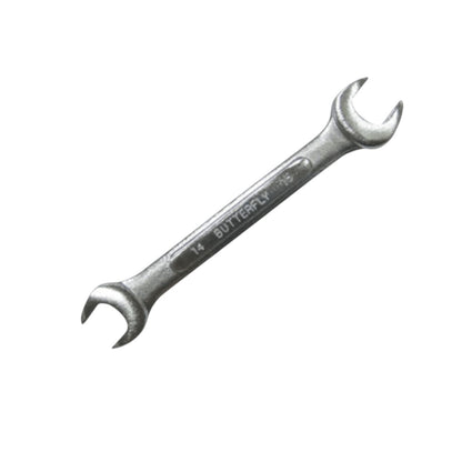 A silver metal double-ended wrench with 'BUTTERFLY 14' engraved on the handle, shown diagonally on a plain white background.