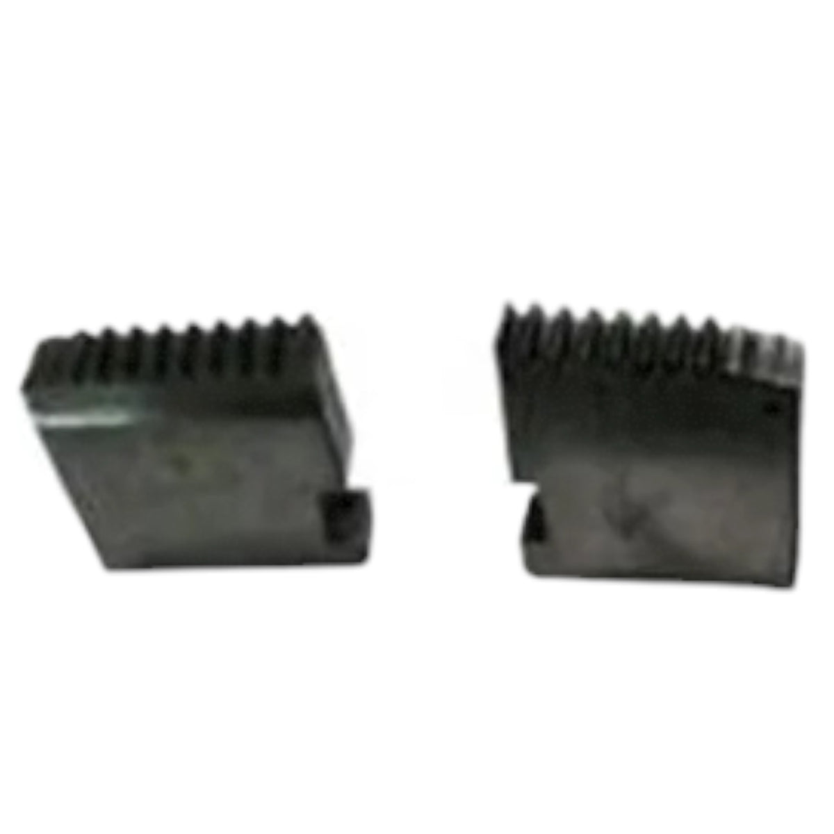 Two dark gray metal gear or roller components shown side by side on a plain white background.
