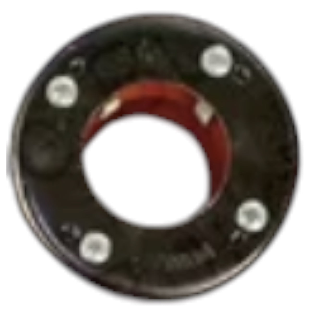 A circular black metal bearing or bushing with a red inner ring and four silver bolts, isolated on a white background.