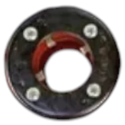 A circular black metal bearing or bushing with a red inner ring and four silver bolts, isolated on a white background.