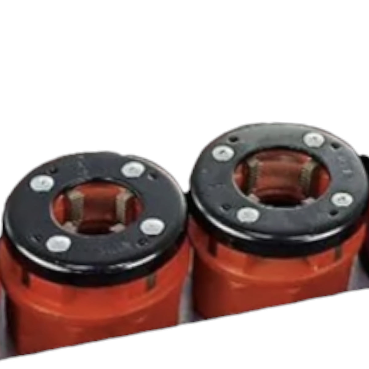 Two orange cylindrical mechanical parts with black circular tops and visible silver screws, shown on a plain white background.