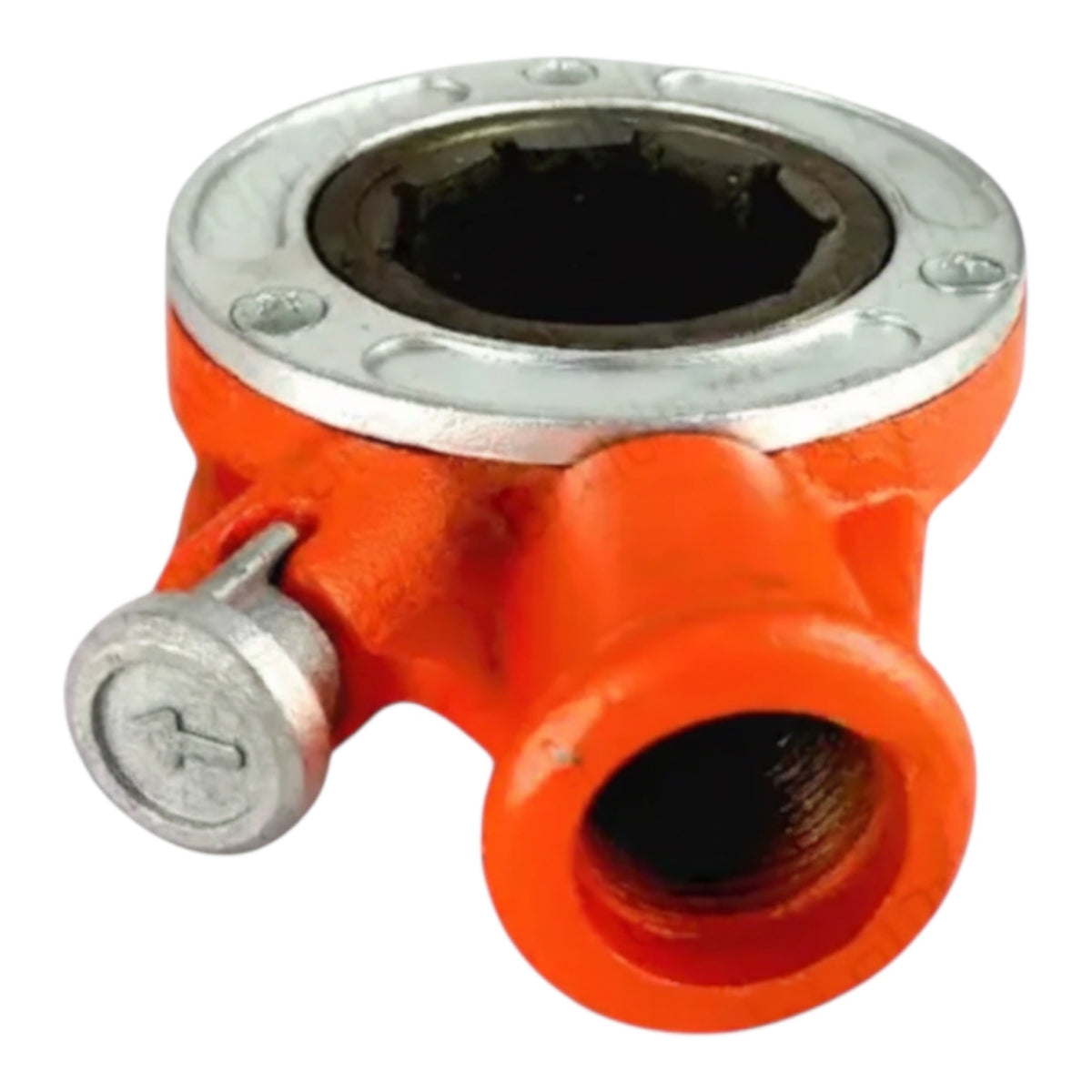 An orange and silver metal industrial pipe coupling fitting with a threaded connection and a small side lock pin, isolated on a white background.