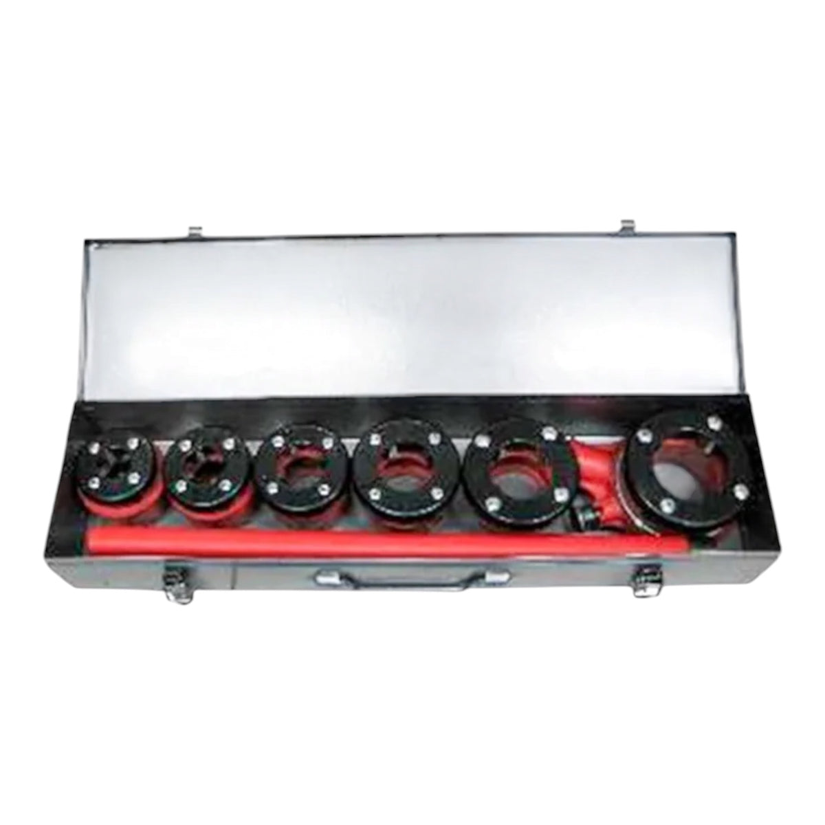A set of five pipe threading tools in a black metal carrying case, with a red handle resting inside. The tools feature black bodies with silver-colored hex keys and red accents.