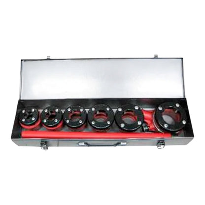 A set of five pipe threading tools in a black metal carrying case, with a red handle resting inside. The tools feature black bodies with silver-colored hex keys and red accents.