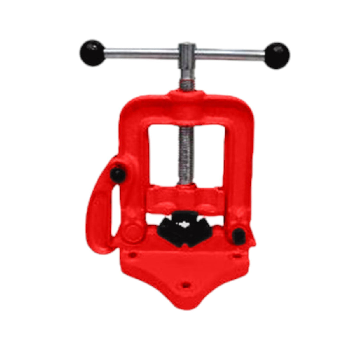 A red pipe cutter tool with a silver metal handle and black knobs, isolated on a white background.