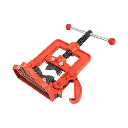 A red pipe cutter tool with a black handle, silver metal rod, and red handle knobs, isolated on a white background.