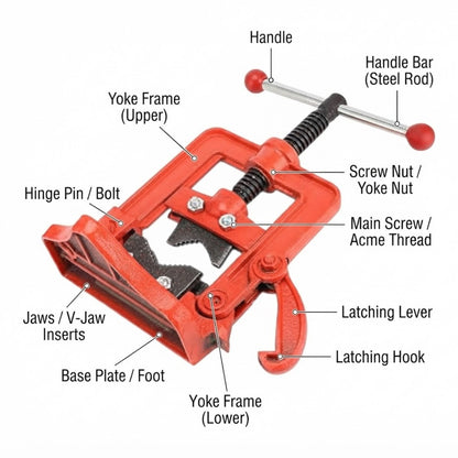 An exploded labeled diagram of a red pipe wrench showing parts such as the handle, handle bar, yoke frame, screw nut, main screw, latching lever, and base plate on a white background.