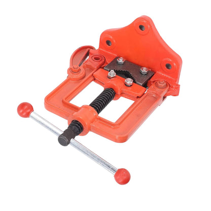 An orange-red metal pipe coupling clamp with a black spring, silver adjustment rod, and red-handled thumbscrews, shown on a plain white background.