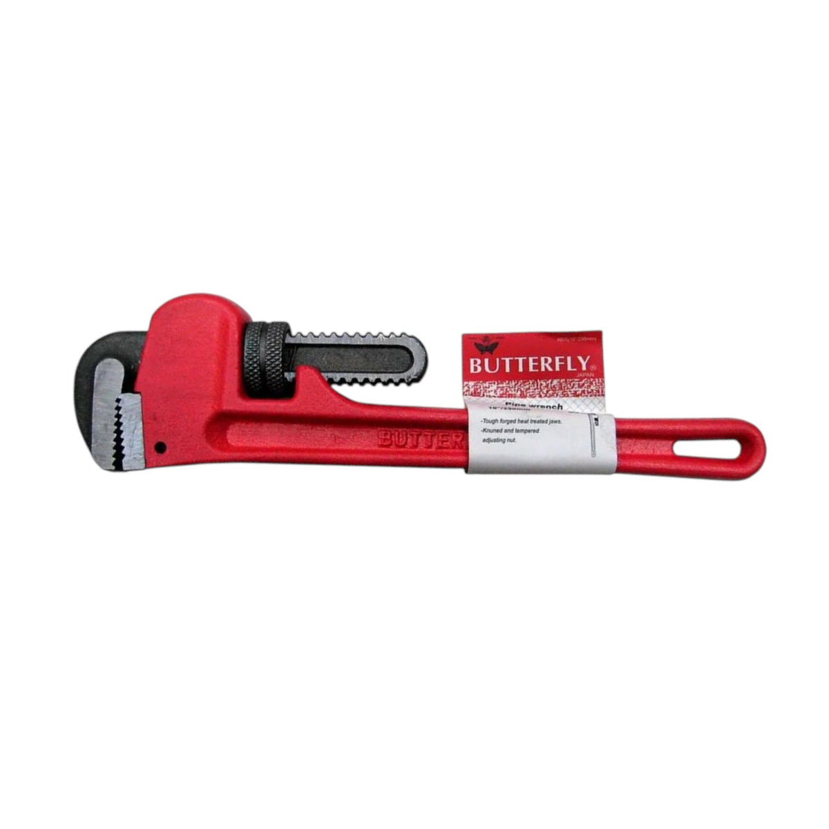 A red pipe wrench with a black jaw and a white paper label that reads 'BUTTERFLY' on a plain white background.