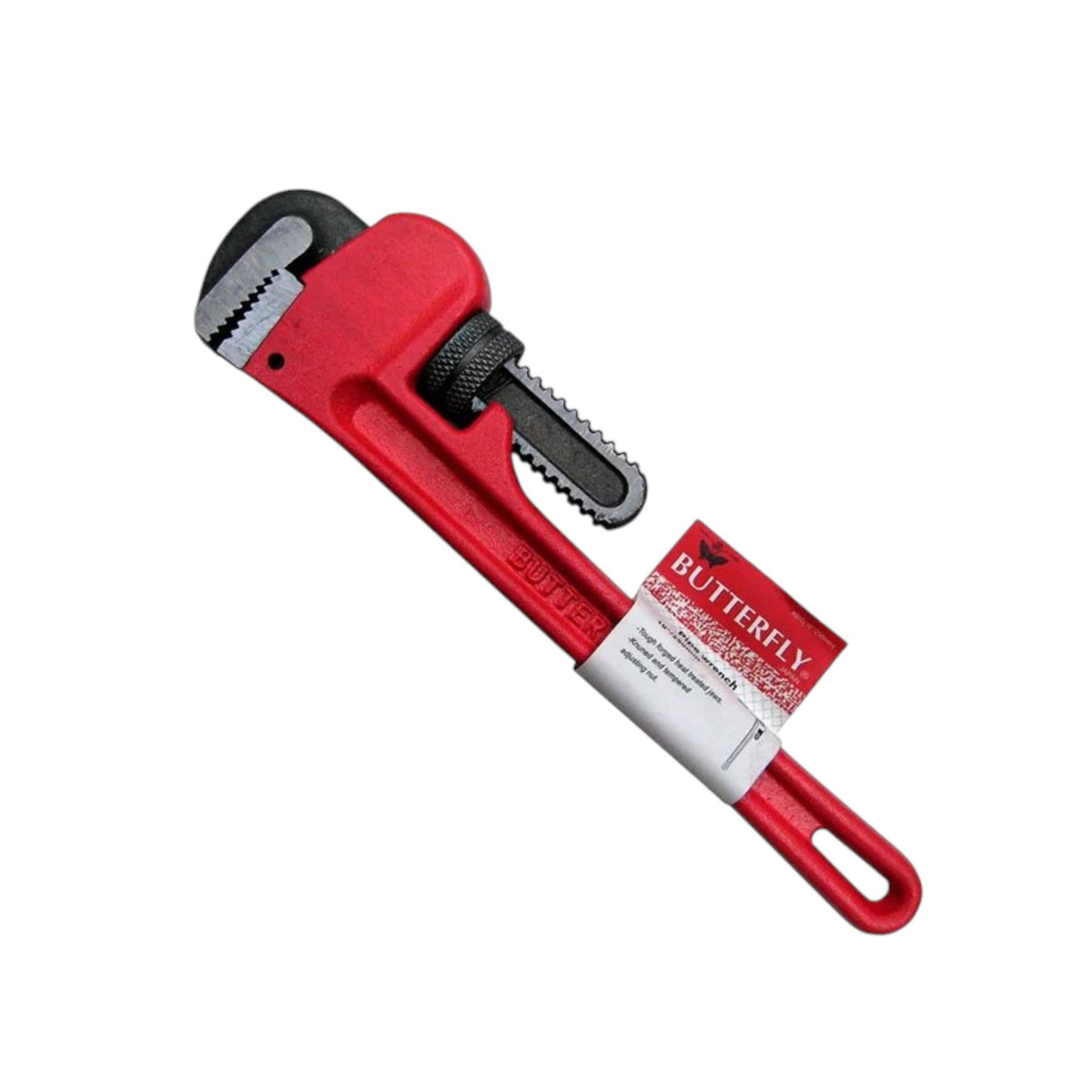 A red and black pipe wrench with a white and red Butterfly brand tag attached, shown on a plain white background.