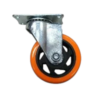 An industrial caster wheel with a galvanized steel mounting plate and hub, featuring a bright orange tire and a black multi-spoke wheel center, isolated on a white background.