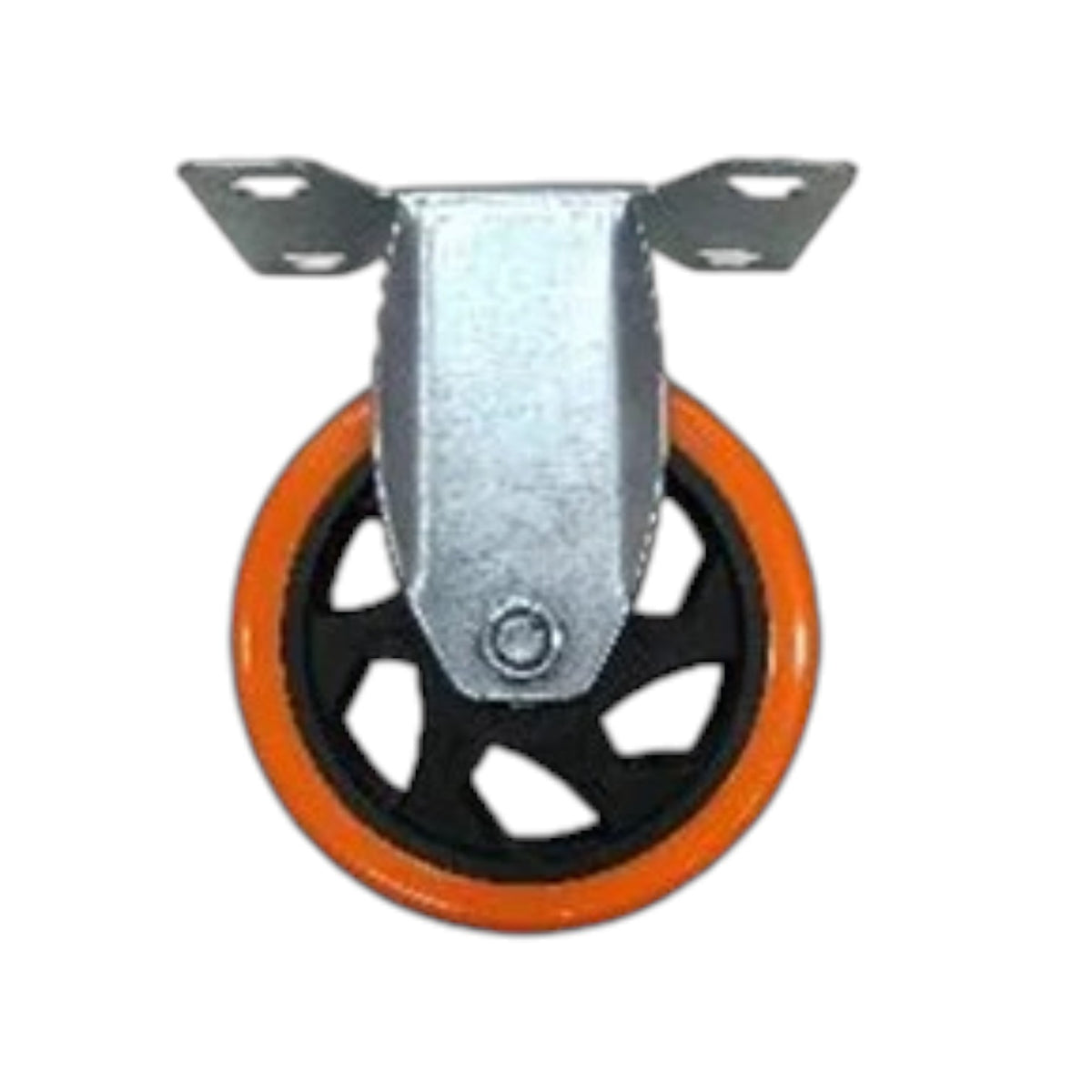 A metal caster wheel with an orange outer rim, a black multi-spoke hub, and a galvanized steel mounting bracket, isolated on a white background.