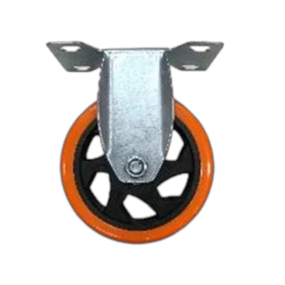 A metal caster wheel with an orange outer rim, a black multi-spoke hub, and a galvanized steel mounting bracket, isolated on a white background.