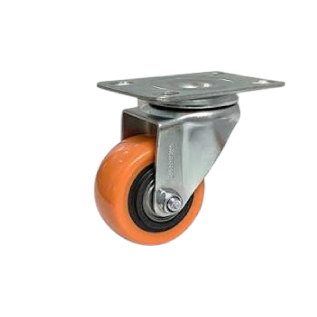 An industrial swivel caster wheel with a bright orange polyurethane wheel, a silver metal bearing housing, and a square mounting plate, isolated on a white background.