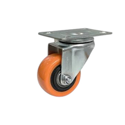 An industrial swivel caster wheel with a bright orange polyurethane wheel, a silver metal bearing housing, and a square mounting plate, isolated on a white background.
